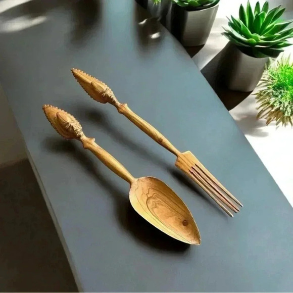 💟💎𝅺VINTAGE Hand  Carved African Tribal Art Fork And Spoon - Picture 1 of 15